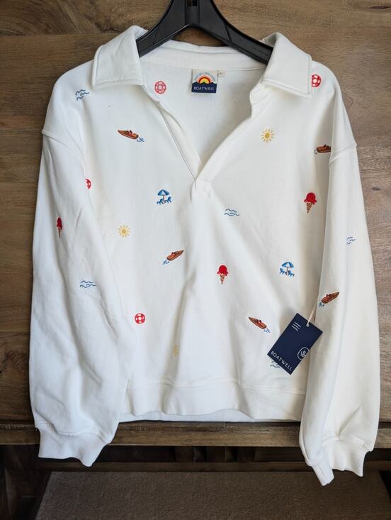 Boatwell Tops - NWT Boatwell Sweatshirt Womens L White Embroidered Nautical L/S V-Neck Pullover
